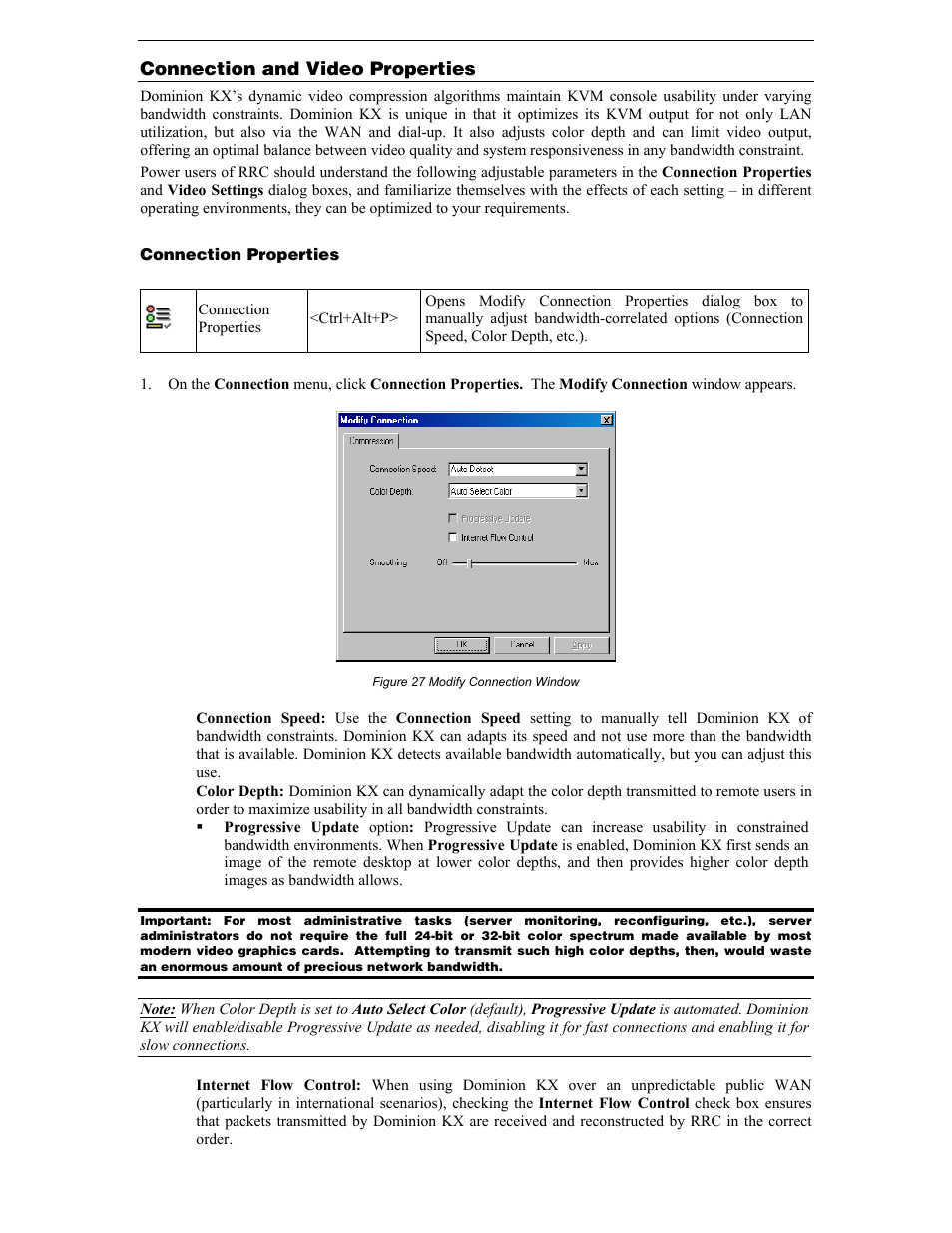 Connection and video properties, Connection properties, Figure 27 modify connection window | Raritan Computer DKX116 User Manual | Page 35 / 72