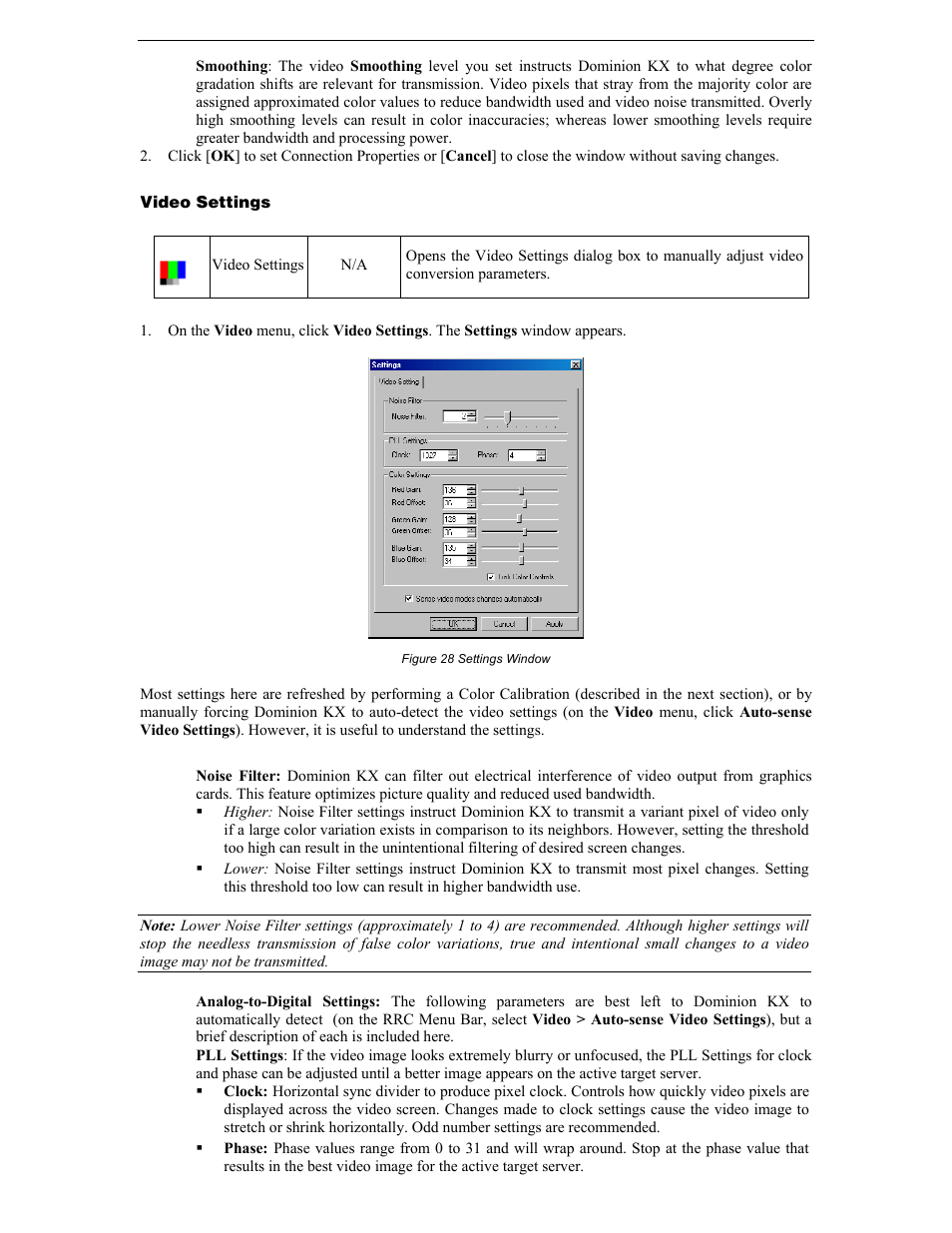 Video settings, Figure 28 settings window | Raritan Computer DKX116 User Manual | Page 36 / 72