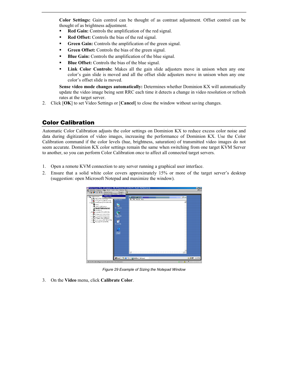 Color calibration, Figure 29 example of sizing the notepad window | Raritan Computer DKX116 User Manual | Page 37 / 72