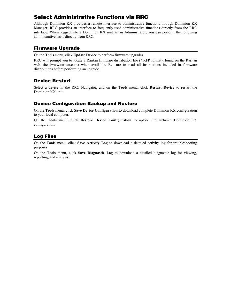 Select administrative functions via rrc, Firmware upgrade, Device restart | Device configuration backup and restore, Log files | Raritan Computer DKX116 User Manual | Page 38 / 72