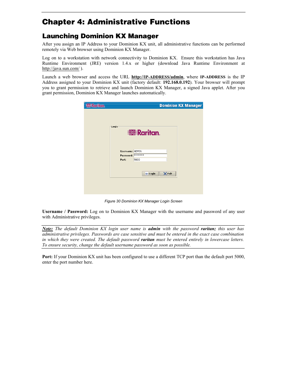 Chapter 4: administrative functions, Launching dominion kx manager, Figure 30 dominion kx manager login screen | Raritan Computer DKX116 User Manual | Page 39 / 72