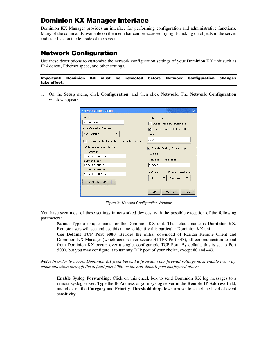 Dominion kx manager interface, Network configuration, Figure 31 network configuration window | Raritan Computer DKX116 User Manual | Page 40 / 72