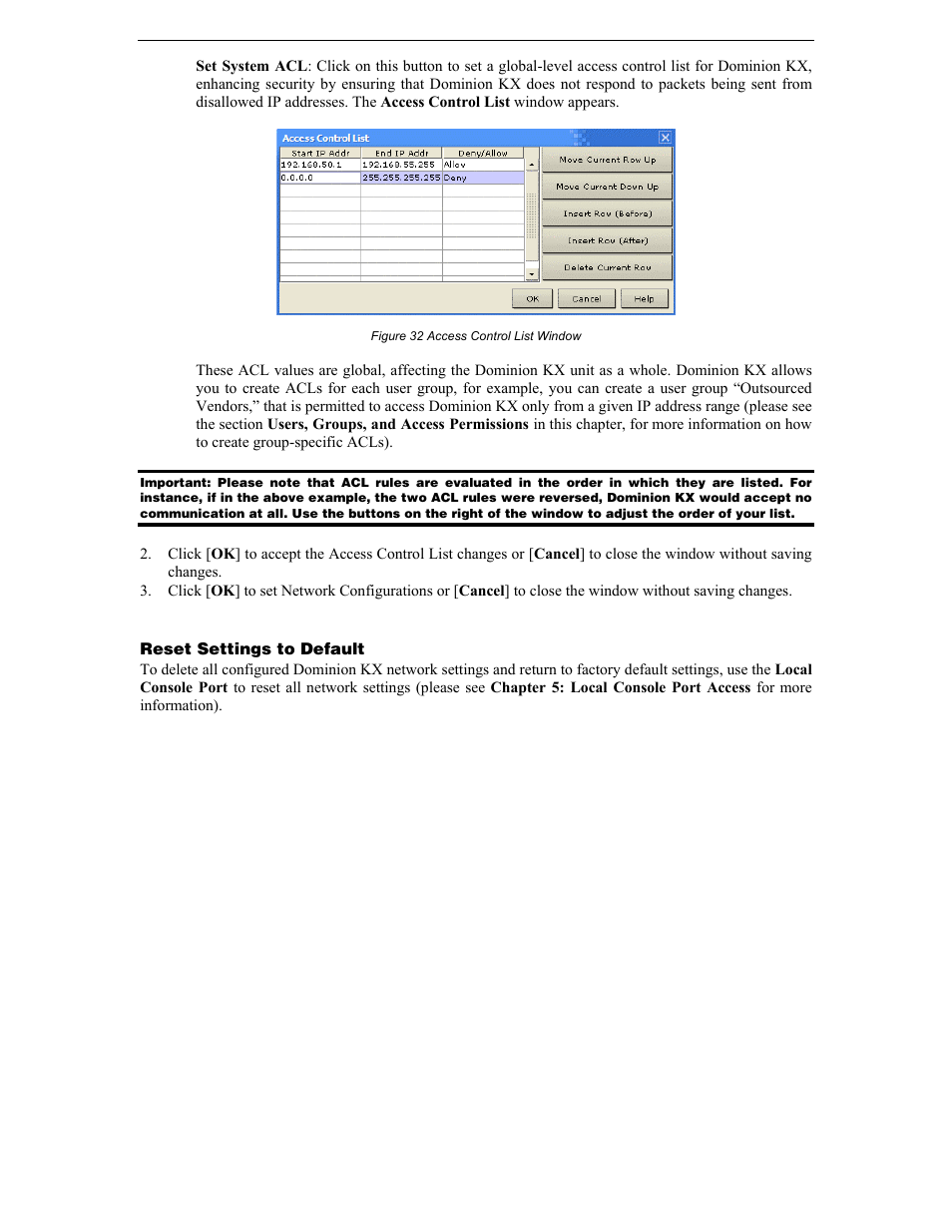 Reset settings to default, Figure 32 access control list window | Raritan Computer DKX116 User Manual | Page 41 / 72