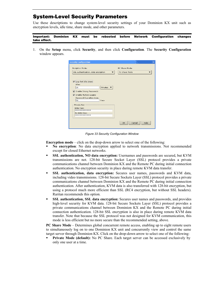 System-level security parameters, Figure 33 security configuration window | Raritan Computer DKX116 User Manual | Page 42 / 72