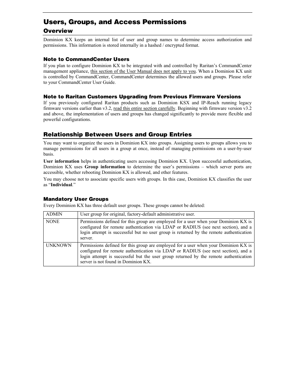 Users, groups, and access permissions, Overview, Note to commandcenter users | Relationship between users and group entries, Mandatory user groups | Raritan Computer DKX116 User Manual | Page 44 / 72