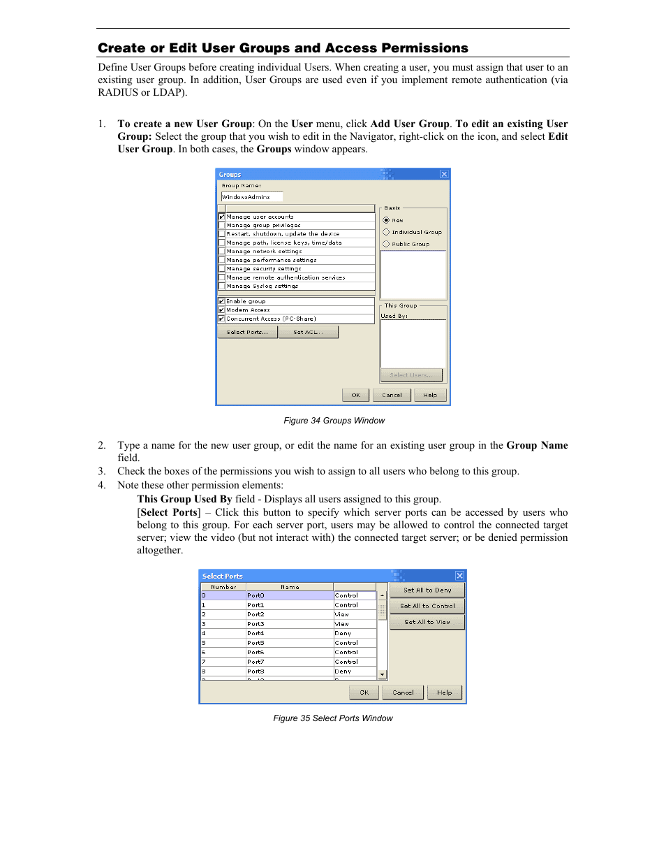 Create or edit user groups and access permissions, Figure 34 groups window, Figure 35 select ports window | Raritan Computer DKX116 User Manual | Page 45 / 72