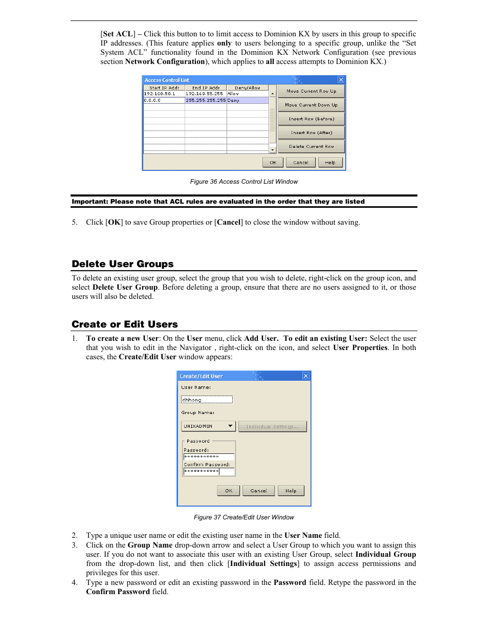 Delete user groups, Create or edit users, Figure 36 access control list window | Figure 37 create/edit user window | Raritan Computer DKX116 User Manual | Page 46 / 72