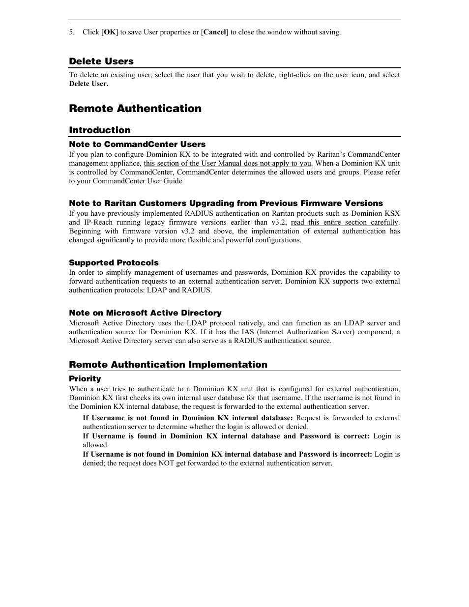 Delete users, Remote authentication, Introduction | Note to commandcenter users, Supported protocols, Note on microsoft active directory, Remote authentication implementation, Priority | Raritan Computer DKX116 User Manual | Page 47 / 72