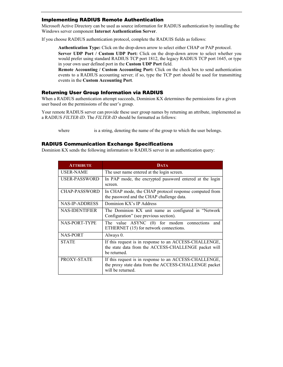 Implementing radius remote authentication, Returning user group information via radius, Radius communication exchange specifications | Raritan Computer DKX116 User Manual | Page 50 / 72