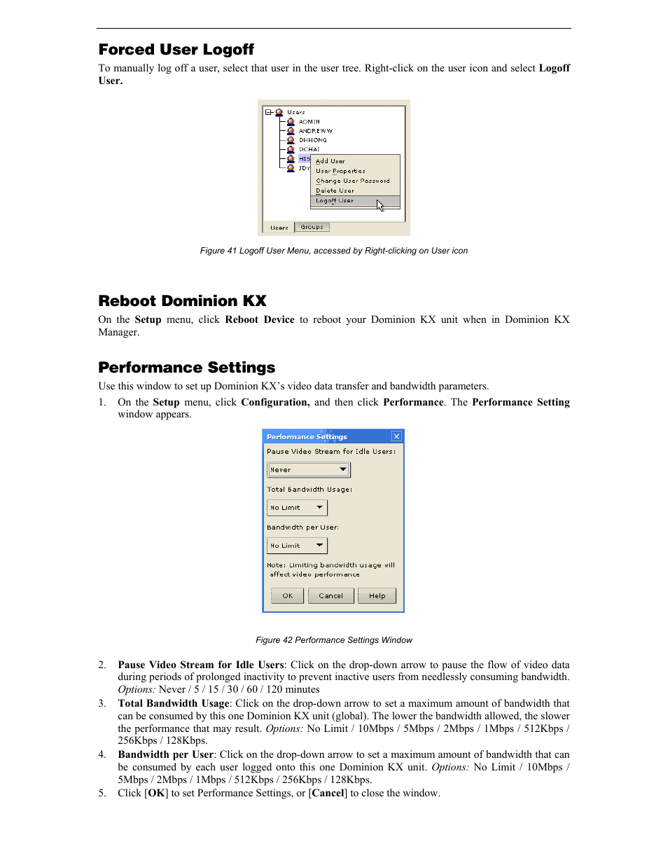 Forced user logoff, Reboot dominion kx, Performance settings | Figure 42 performance settings window | Raritan Computer DKX116 User Manual | Page 52 / 72