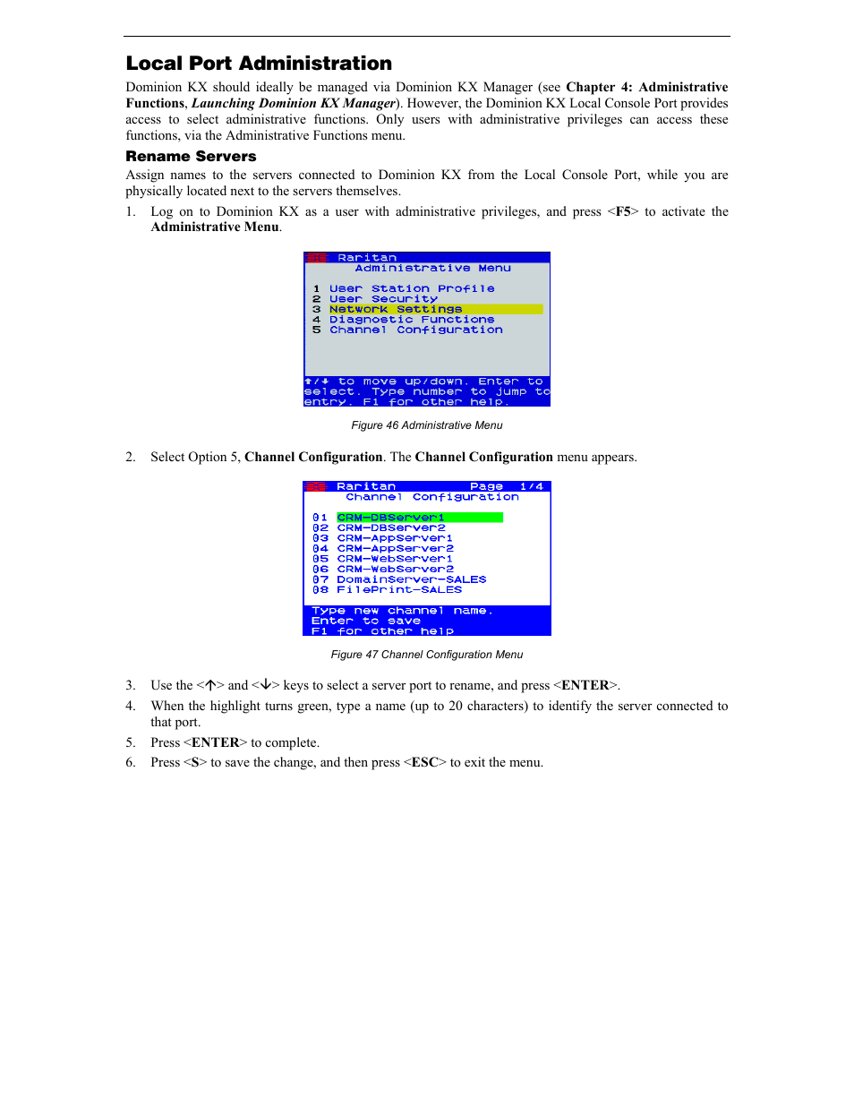 Local port administration, Rename servers, Figure 46 administrative menu | Figure 47 channel configuration menu | Raritan Computer DKX116 User Manual | Page 57 / 72