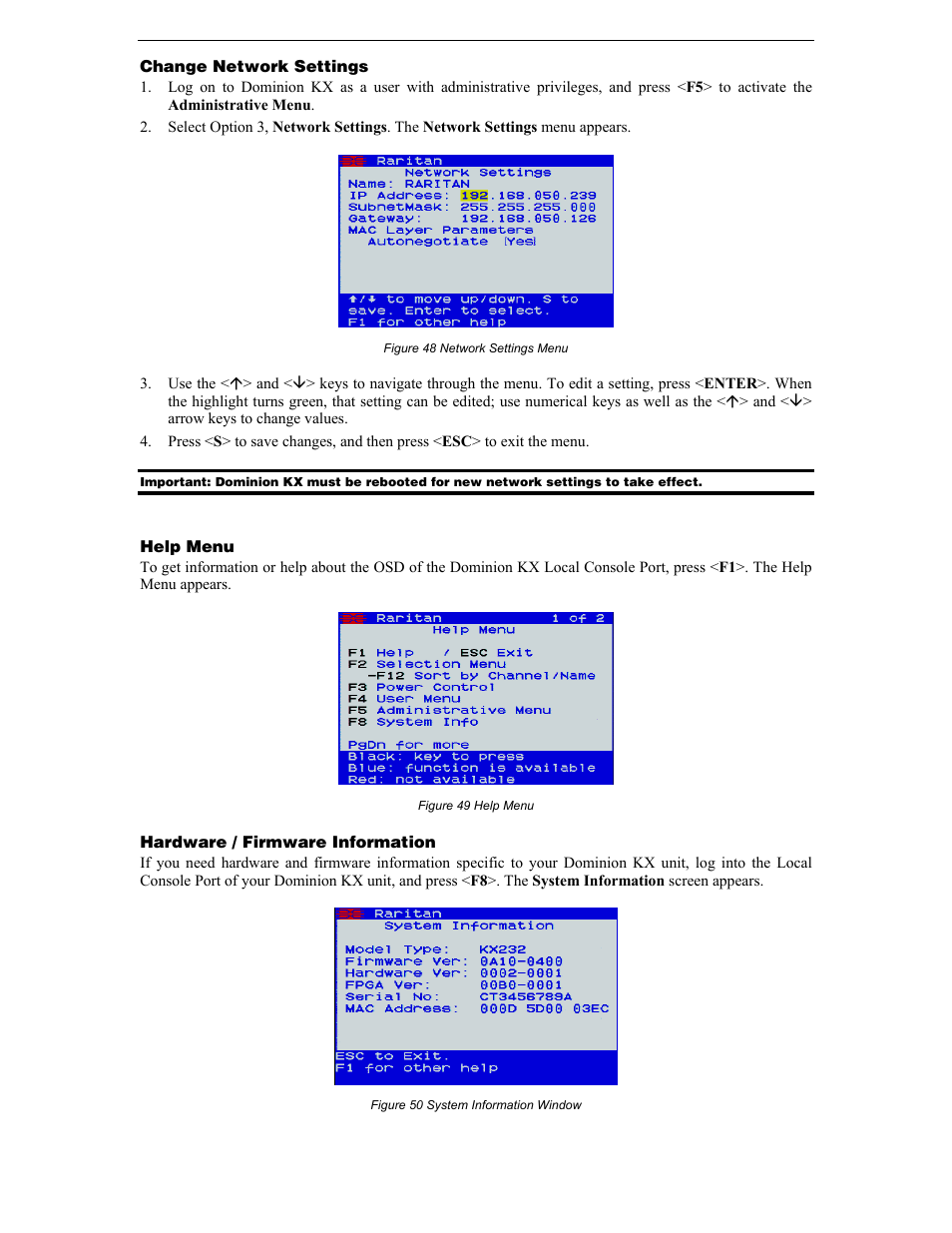 Change network settings, Help menu, Hardware / firmware information | Figure 48 network settings menu, Figure 49 help menu, Figure 50 system information window | Raritan Computer DKX116 User Manual | Page 58 / 72