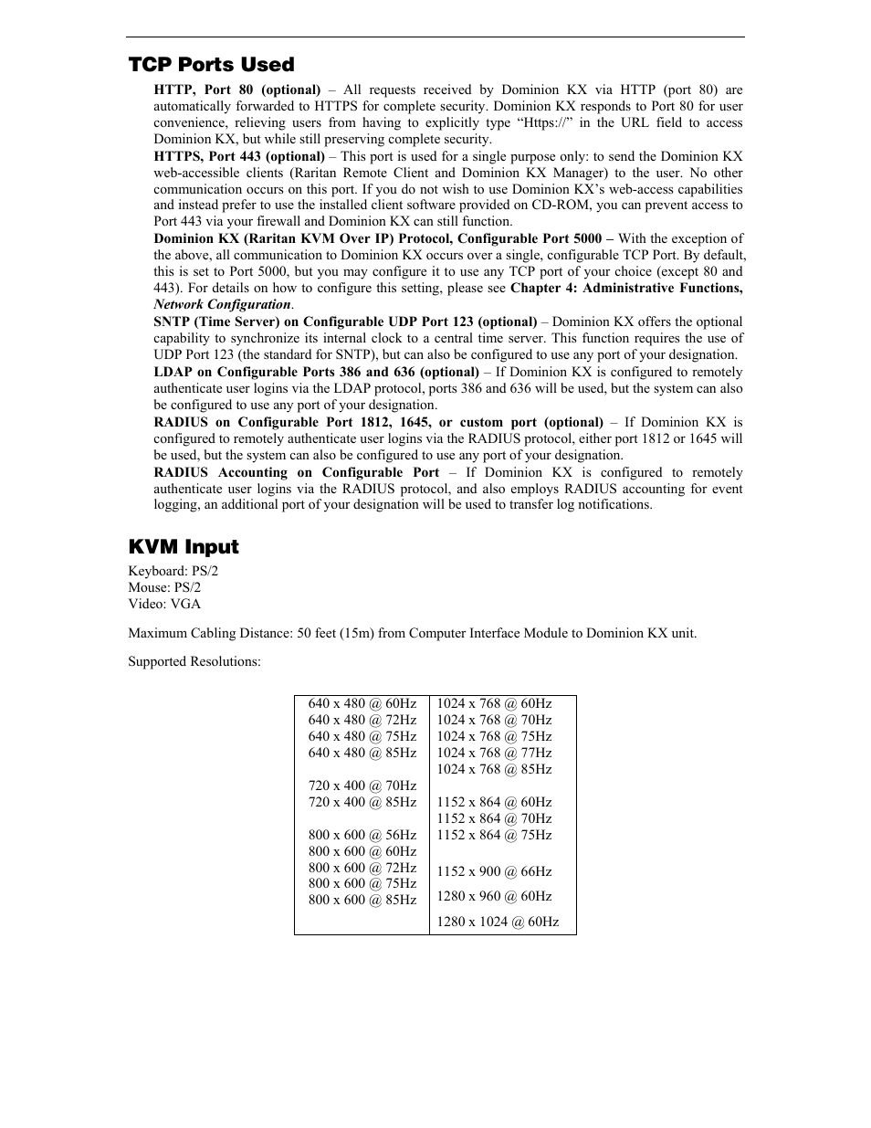 Tcp ports used, Kvm input | Raritan Computer DKX116 User Manual | Page 60 / 72