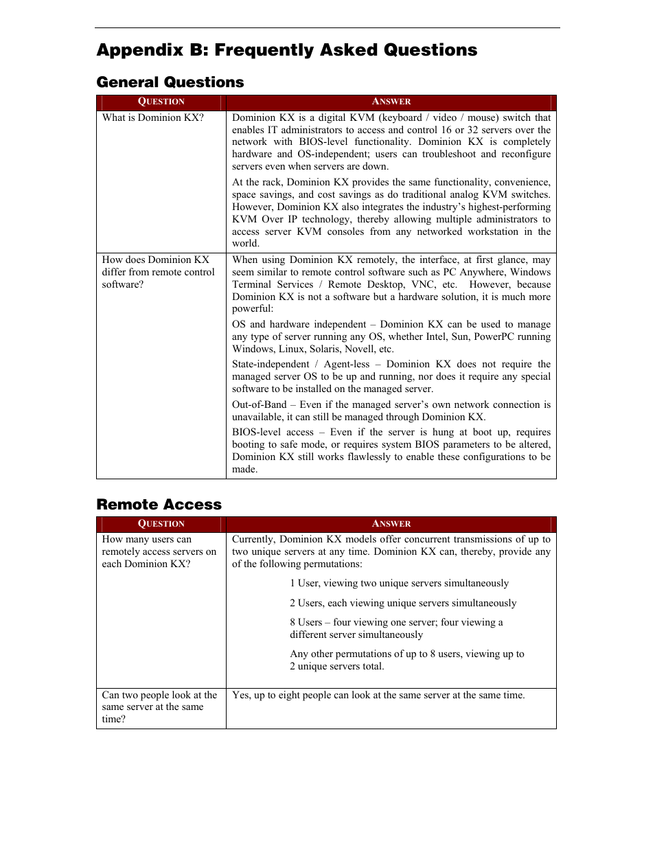 Appendix b: frequently asked questions, General questions, Remote access | Raritan Computer DKX116 User Manual | Page 61 / 72