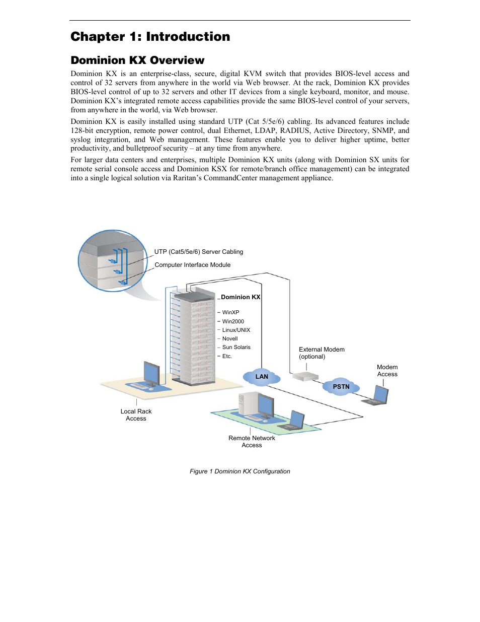 Chapter 1: introduction, Dominion kx overview, Figure 1 dominion kx configuration | Raritan Computer DKX116 User Manual | Page 9 / 72