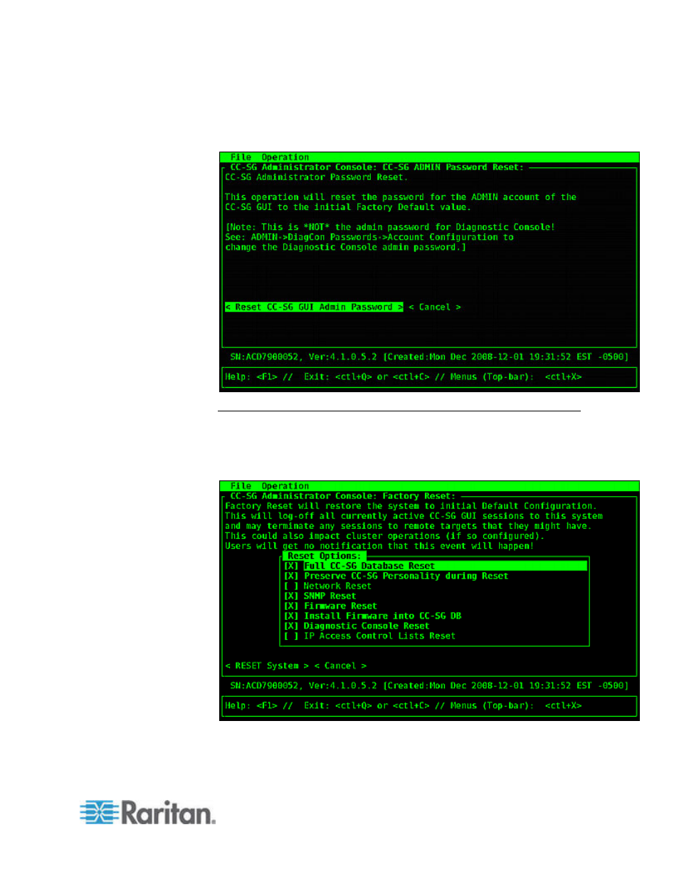 Reset cc-sg factory configuration (admin) | Raritan Computer Home Security System User Manual | Page 305 / 384