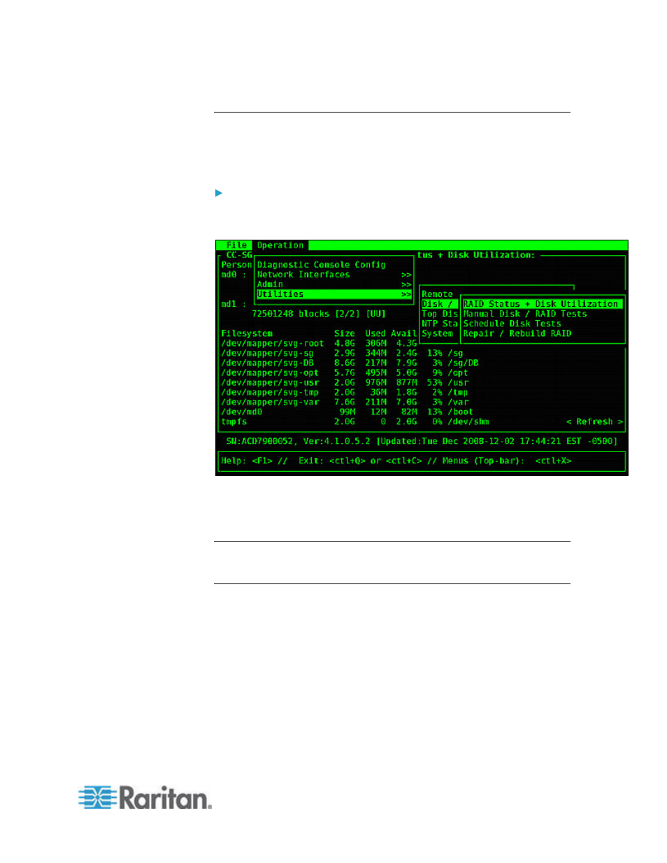 Display raid status and disk utilization | Raritan Computer Home Security System User Manual | Page 313 / 384