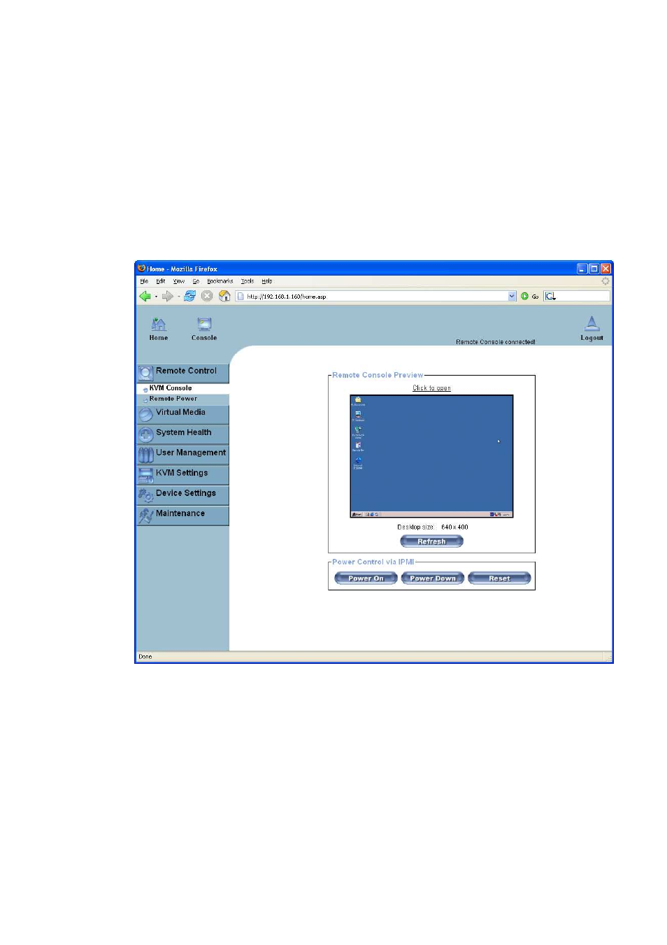 Chapter 6. menu options, Remote control, Kvm console | Menu options, Remote power | Raritan Computer Raritan ASMI G4 User Manual | Page 45 / 115