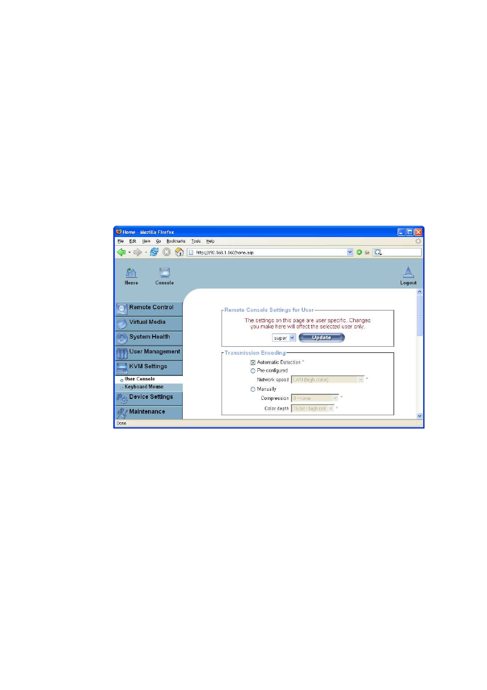 Kvm settings, User console, Remote console settings for users | The section called user console in chapter 6 | Raritan Computer Raritan ASMI G4 User Manual | Page 66 / 115
