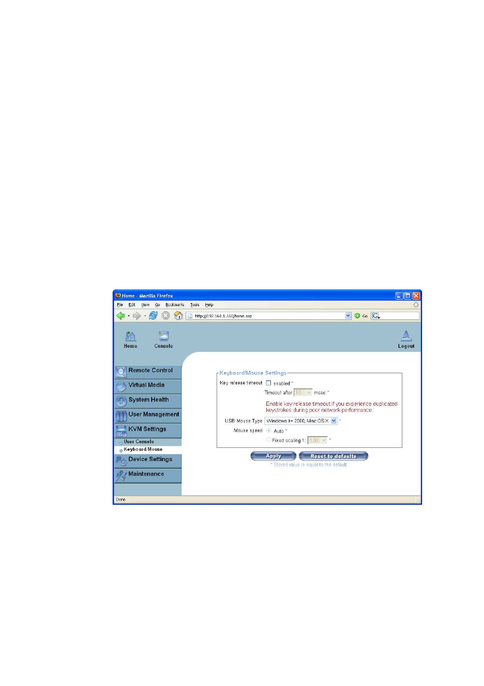 Keyboard/mouse, Key release timeout | Raritan Computer Raritan ASMI G4 User Manual | Page 70 / 115