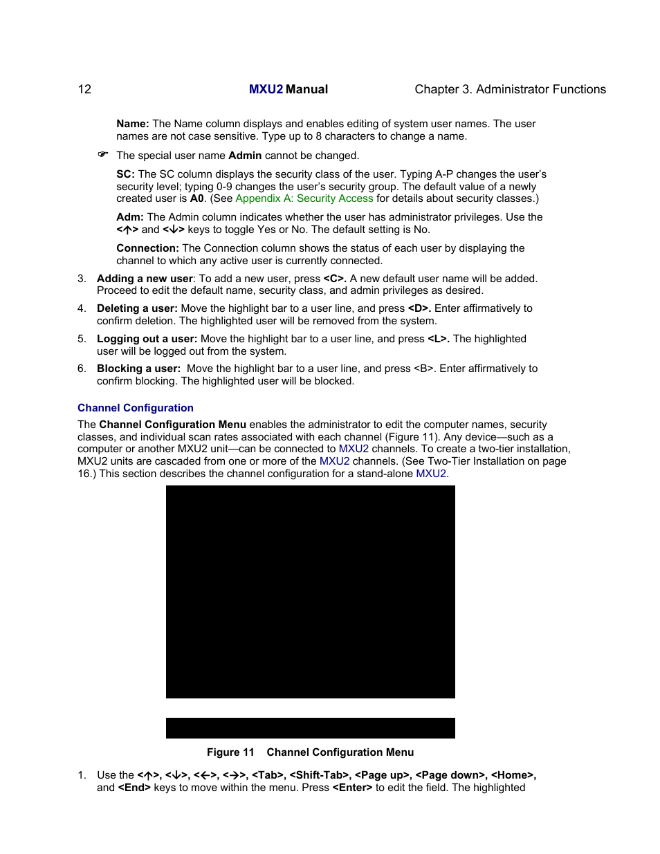 Status line, Help messages, Channel configuration | Mc: base mxu2 page 1/ 1, Ch.id name sec | Raritan Computer MXU2 User Manual | Page 22 / 40