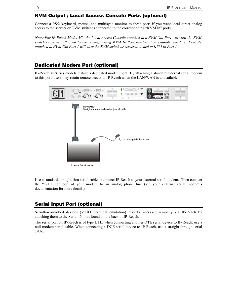 Kvm output / local access console ports (optional), Dedicated modem port (optional), Serial input port (optional) | Raritan Computer Raritan TeleReach TR361 User Manual | Page 18 / 84