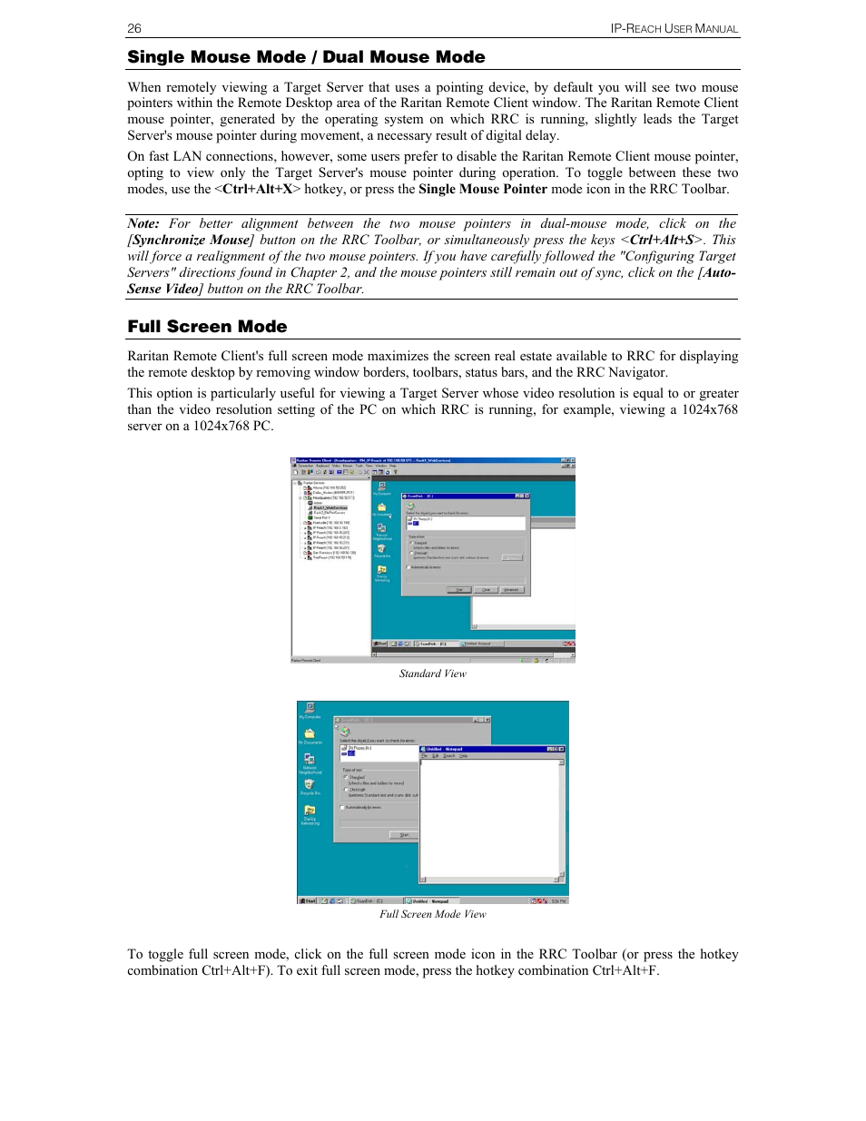 Single mouse mode / dual mouse mode, Full screen mode | Raritan Computer Raritan TeleReach TR361 User Manual | Page 34 / 84