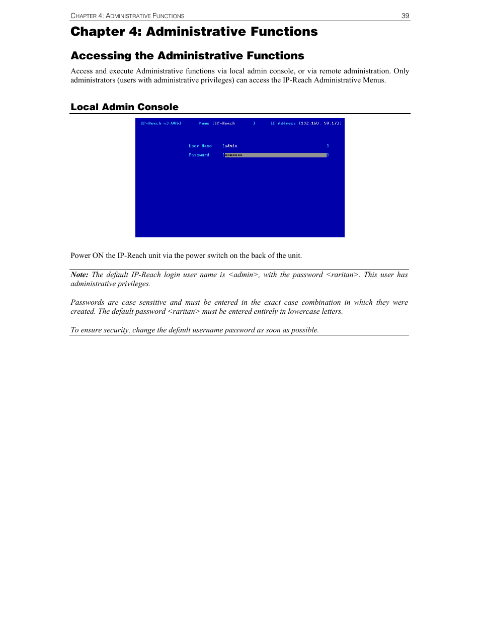 Chapter 4: administrative functions, Accessing the administrative functions | Raritan Computer Raritan TeleReach TR361 User Manual | Page 47 / 84