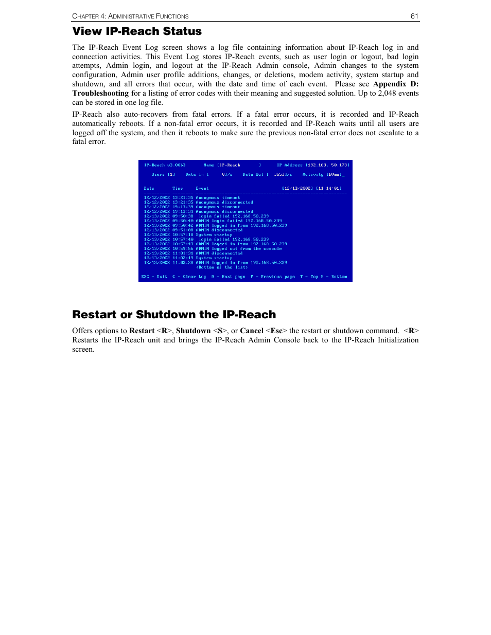 View ip-reach status, Restart or shutdown the ip-reach | Raritan Computer Raritan TeleReach TR361 User Manual | Page 69 / 84