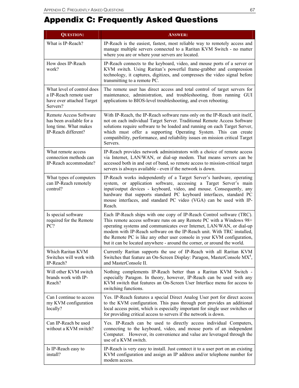 Appendix c: frequently asked questions | Raritan Computer Raritan TeleReach TR361 User Manual | Page 75 / 84