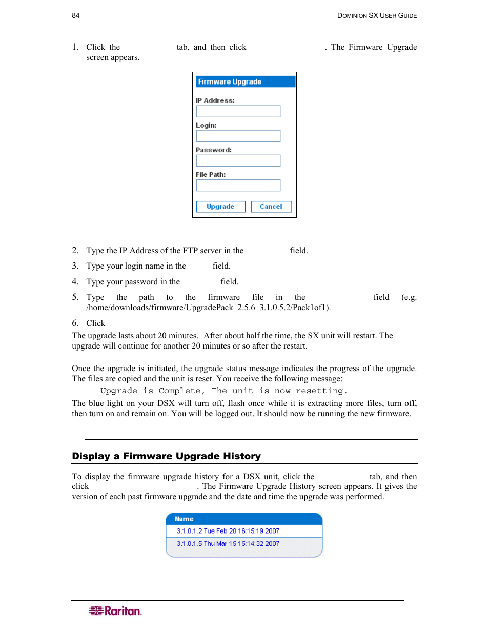 Display a firmware upgrade history, Figure 94 firmware upgrade screen, Figure 95 firmware upgrade history screen | Raritan Computer SX User Manual | Page 102 / 226