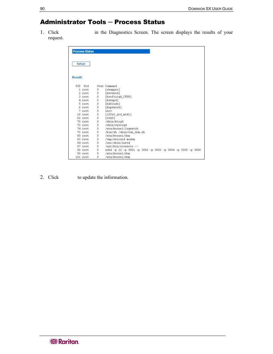 Administrator tools ─ process status, Figure 101 process status | Raritan Computer SX User Manual | Page 108 / 226