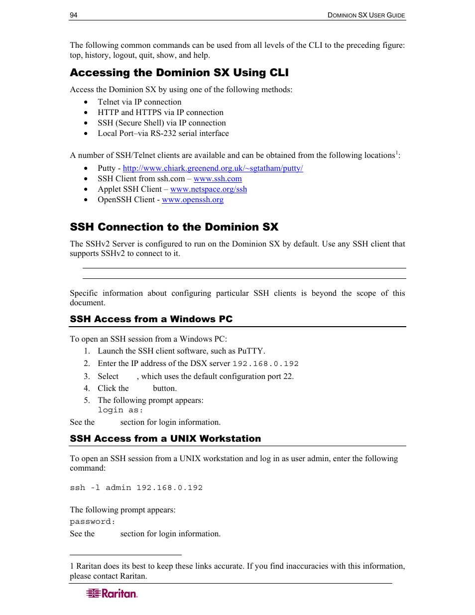 Accessing the dominion sx using cli, Ssh connection to the dominion sx, Ssh access from a windows pc | Ssh access from a unix workstation | Raritan Computer SX User Manual | Page 112 / 226