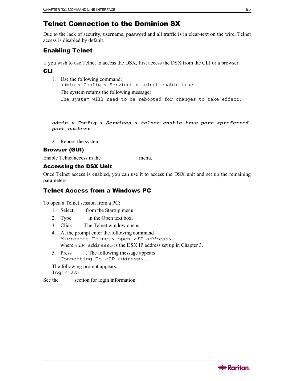 Telnet connection to the dominion sx, Enabling telnet, Telnet access from a windows pc | Raritan Computer SX User Manual | Page 113 / 226