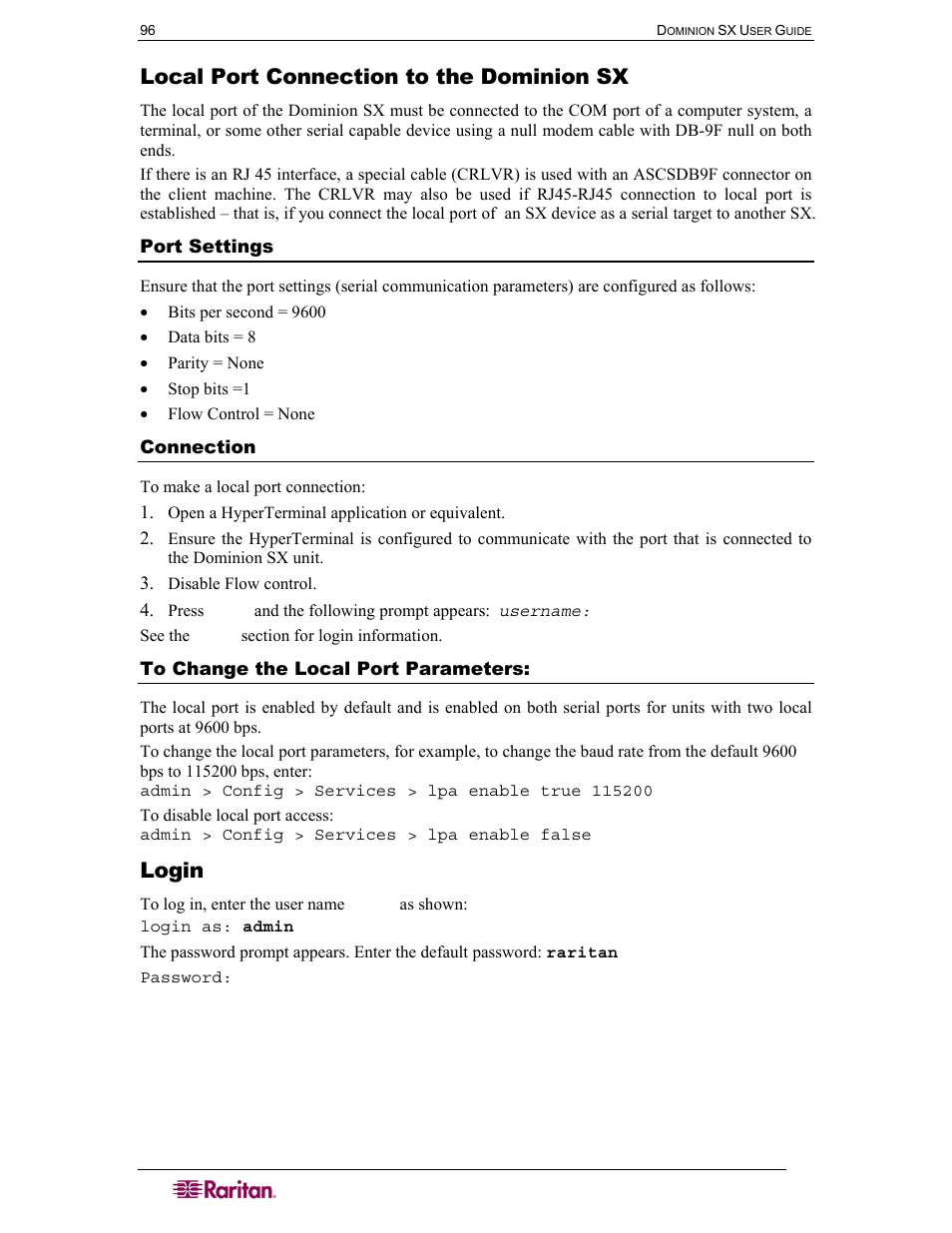 Local port connection to the dominion sx, Login, Port settings | Connection, To change the local port parameters | Raritan Computer SX User Manual | Page 114 / 226