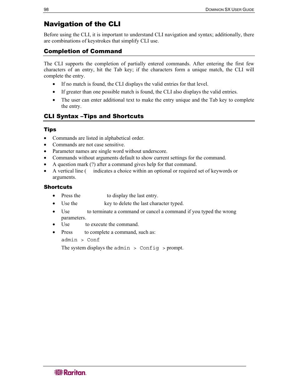Navigation of the cli, Completion of command, Cli syntax –tips and shortcuts | Raritan Computer SX User Manual | Page 116 / 226