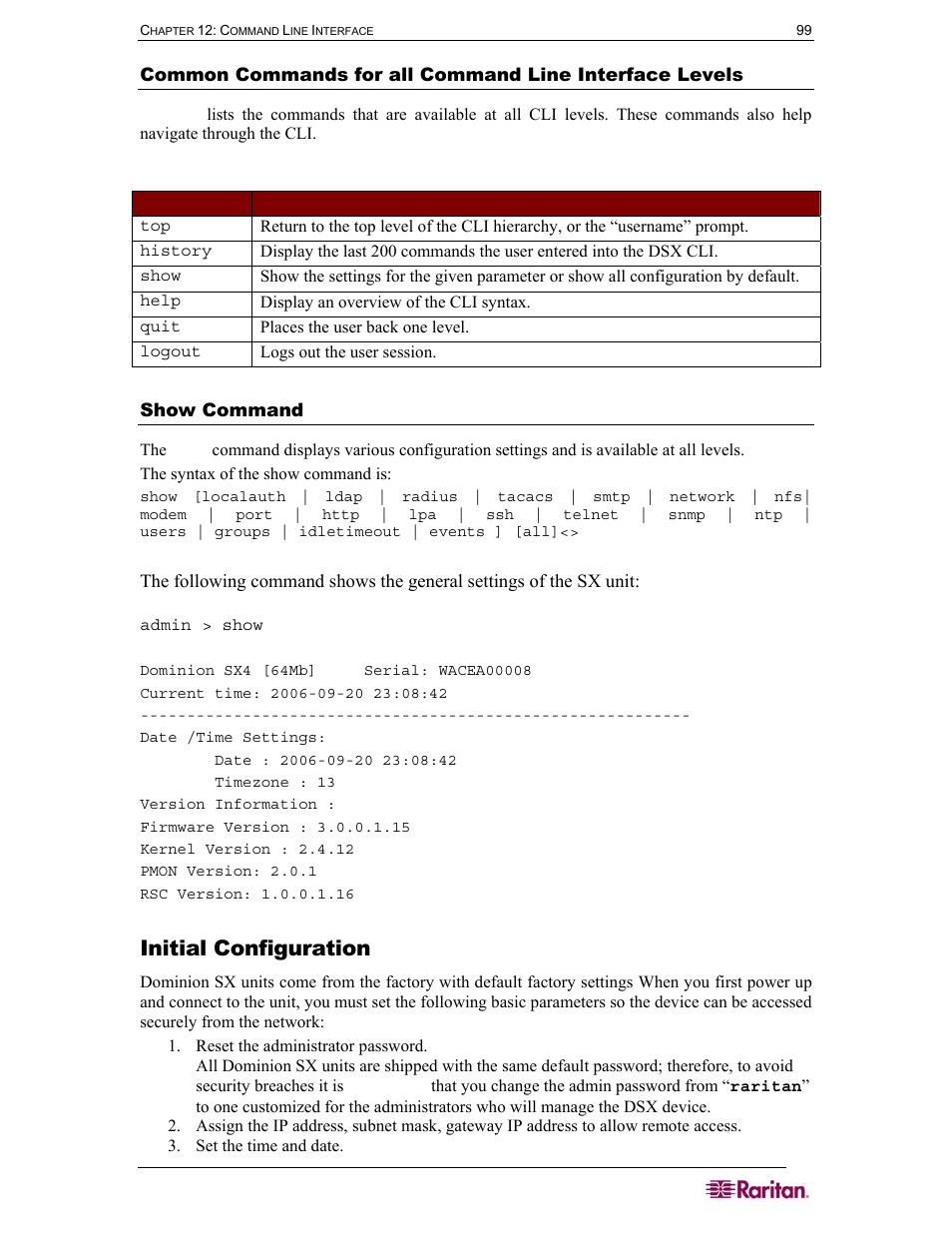 Initial configuration, Show command, Table 3 commands common to all cli levels | Raritan Computer SX User Manual | Page 117 / 226