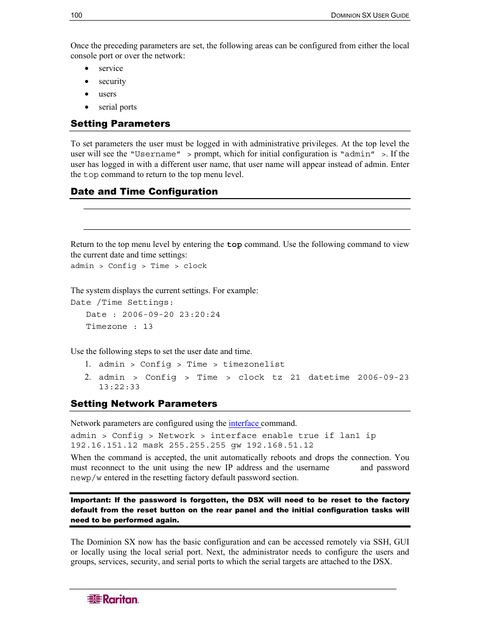Setting parameters, Date and time configuration, Setting network parameters | Raritan Computer SX User Manual | Page 118 / 226