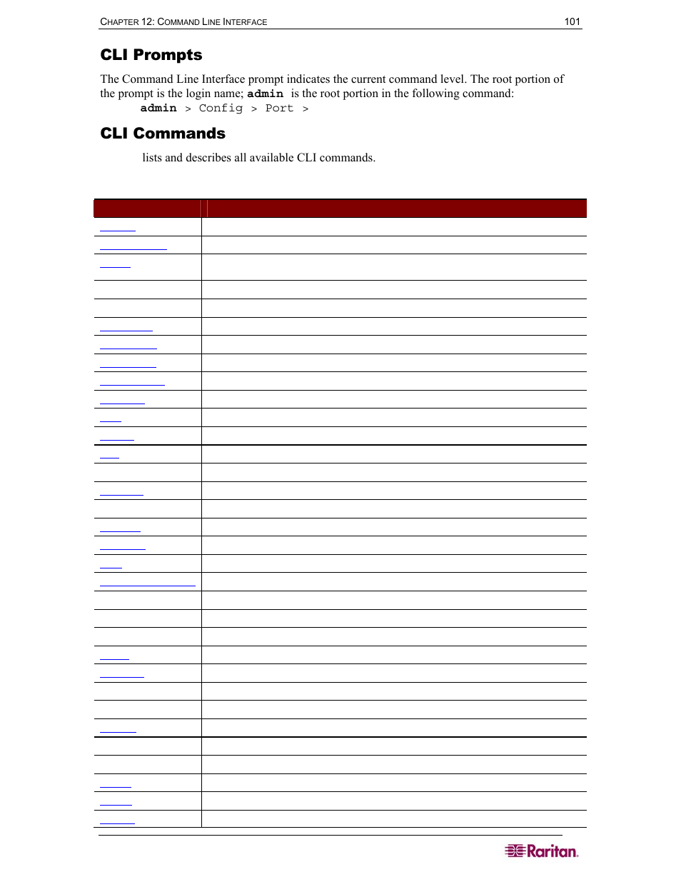 Cli prompts, Cli commands, Table 4 available cli commands | Raritan Computer SX User Manual | Page 119 / 226