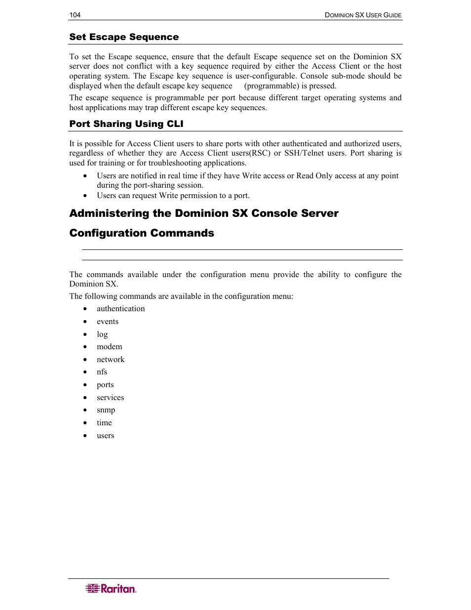Administering the dominion sx console server, Configuration commands, Set escape sequence | Port sharing using cli, Show | Raritan Computer SX User Manual | Page 122 / 226