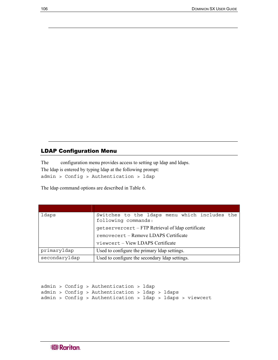 Ldap configuration menu, Table 6 ldap command | Raritan Computer SX User Manual | Page 124 / 226