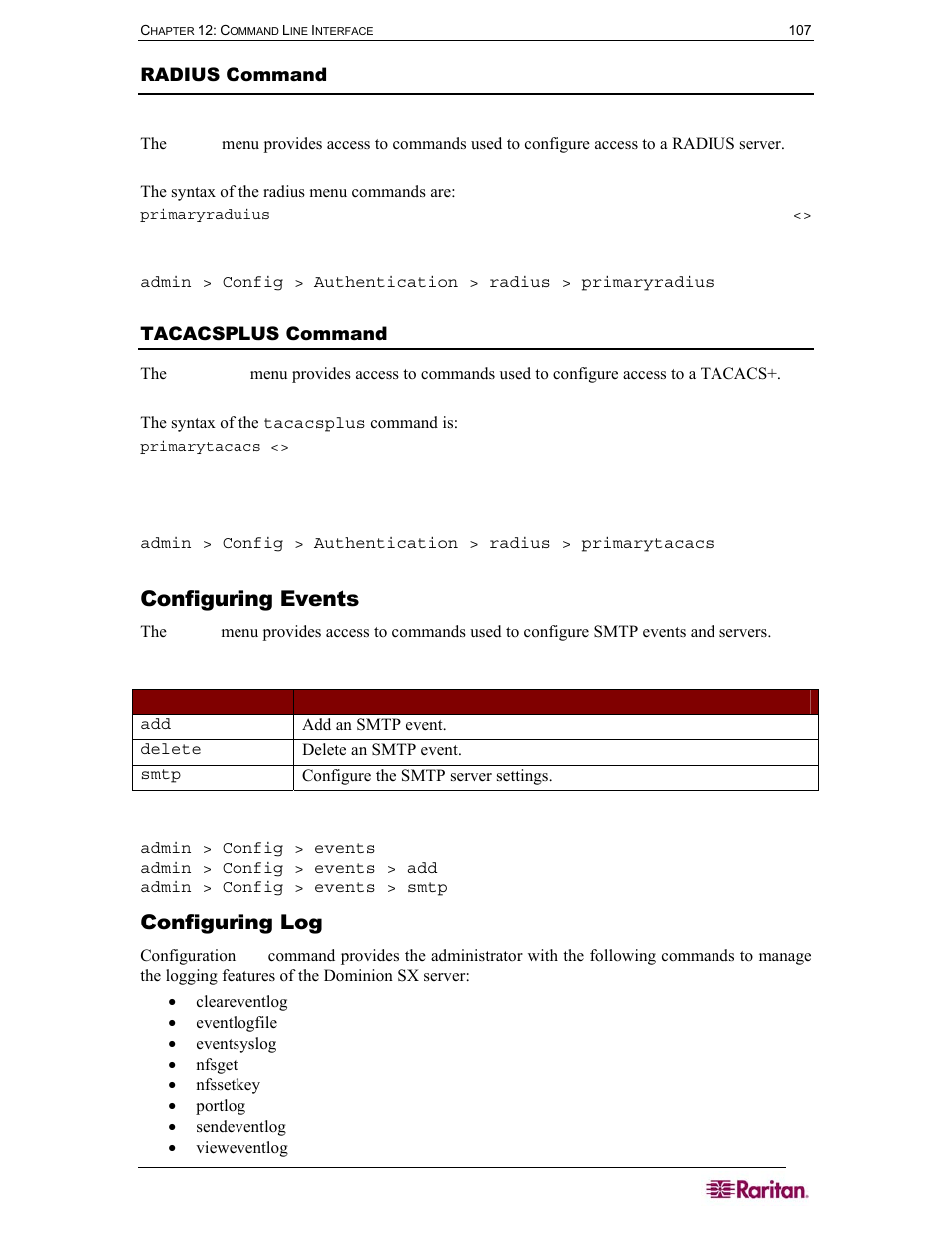 Configuring events, Configuring log, Radius command | Tacacsplus command, Table 7 configuration: events commands | Raritan Computer SX User Manual | Page 125 / 226