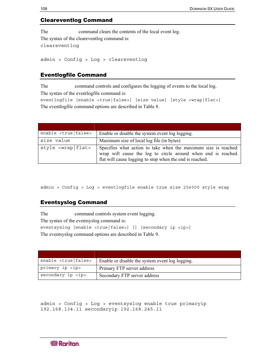 Cleareventlog command, Eventlogfile command, Eventsyslog command | Table 8 eventlogfile command, Table 9 eventsyslog command | Raritan Computer SX User Manual | Page 126 / 226