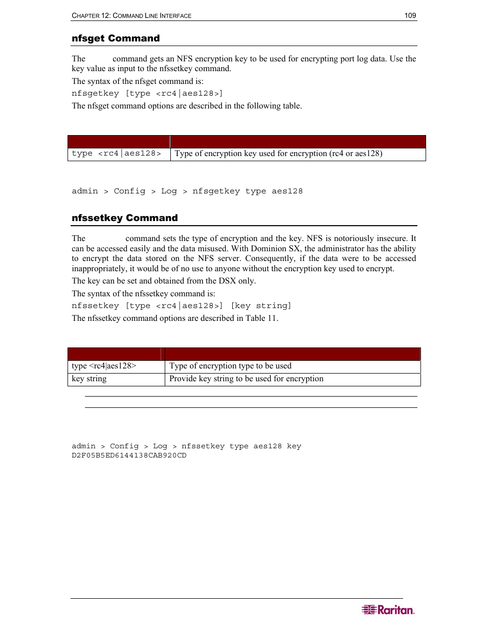 Nfsget command, Nfssetkey command, Table 10 nfsget command | Table 11 nfssetkey command | Raritan Computer SX User Manual | Page 127 / 226