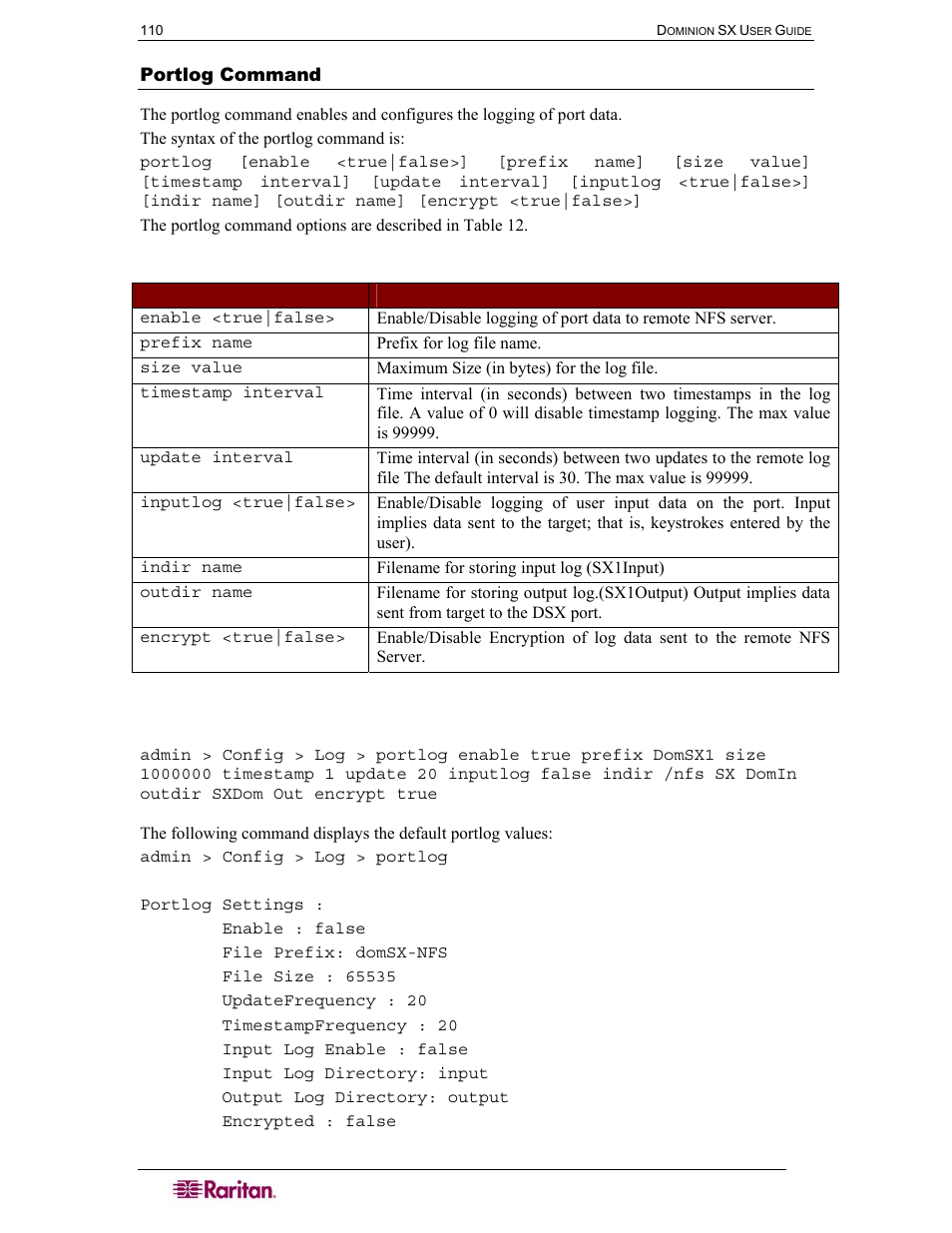 Portlog command, Table 12 portlog command | Raritan Computer SX User Manual | Page 128 / 226