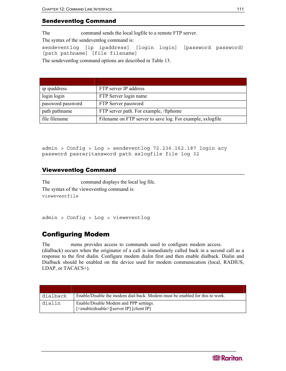 Configuring modem, Sendeventlog command, Vieweventlog command | Table 13 sendeventlog command, Table 14 configuration: modem commands | Raritan Computer SX User Manual | Page 129 / 226