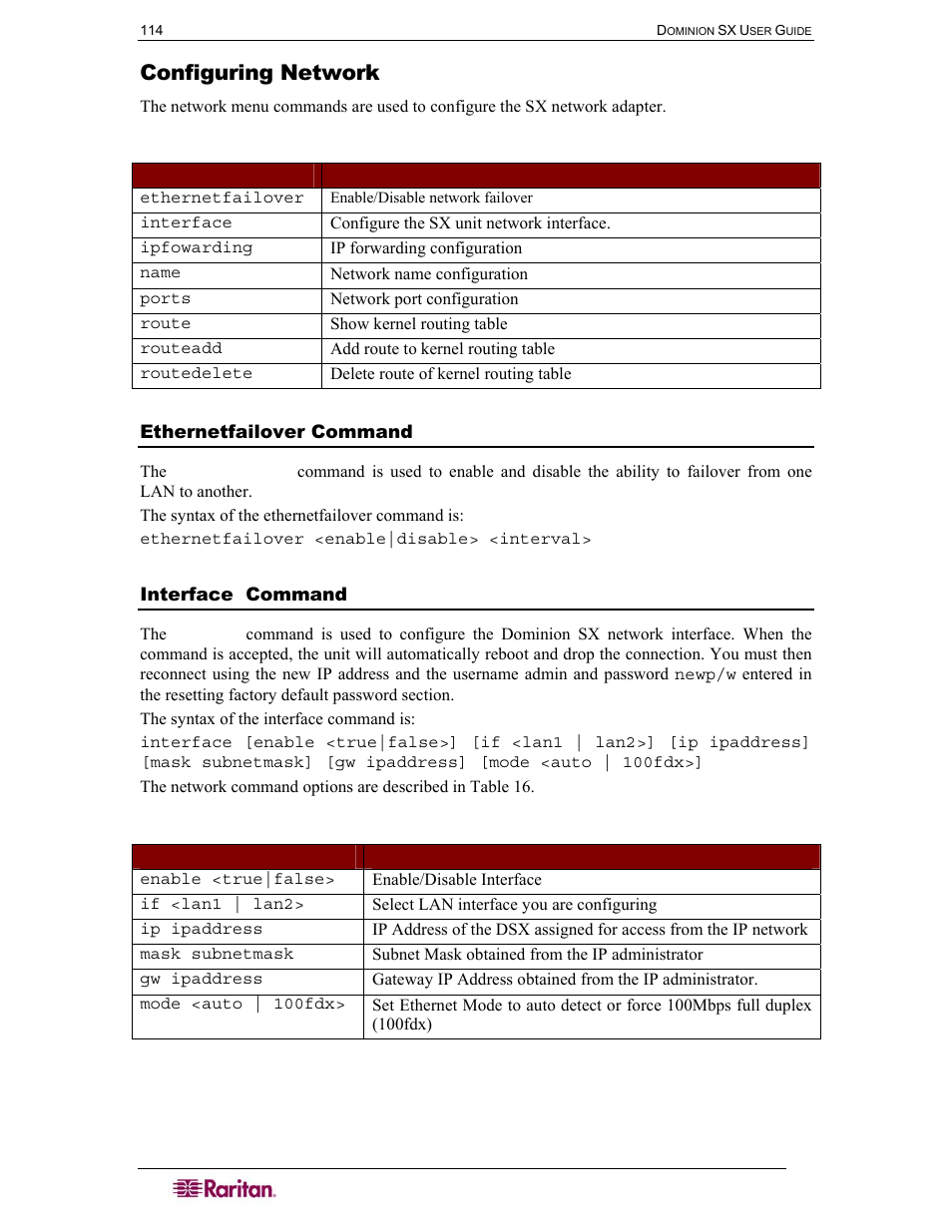 Configuring network, Ethernetfailover command, Interface command | Table 15 configuration: network commands, Table 16 interface command | Raritan Computer SX User Manual | Page 132 / 226