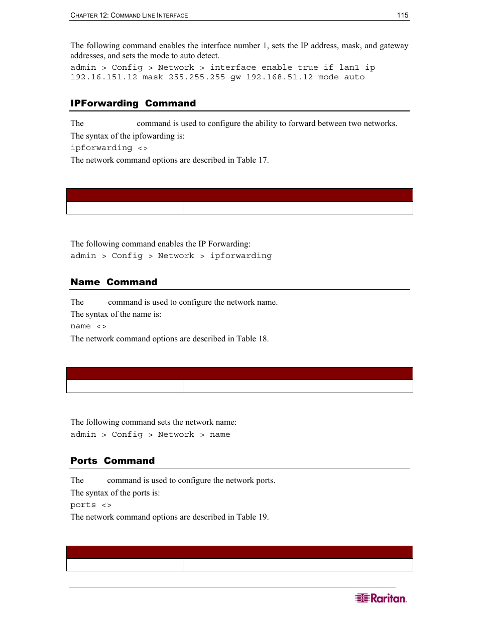 Ipforwarding command, Name command, Ports command | Table 17 ipforwarding command, Table 18 name command, Table 19 ports command | Raritan Computer SX User Manual | Page 133 / 226