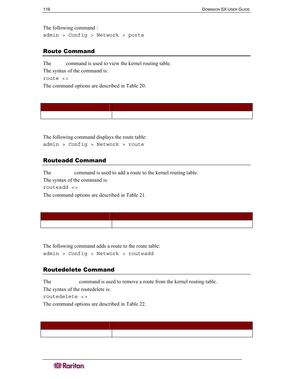 Route command, Routeadd command, Routedelete command | Table 20 route command, Table 21 routeadd command, Table 22 routedelete command | Raritan Computer SX User Manual | Page 134 / 226