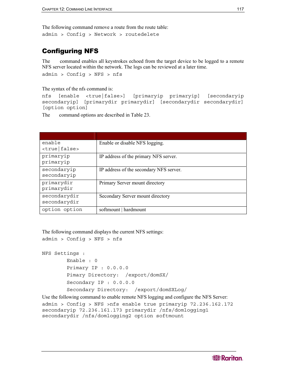 Configuring nfs, Table 23 nfs command, Config | Raritan Computer SX User Manual | Page 135 / 226